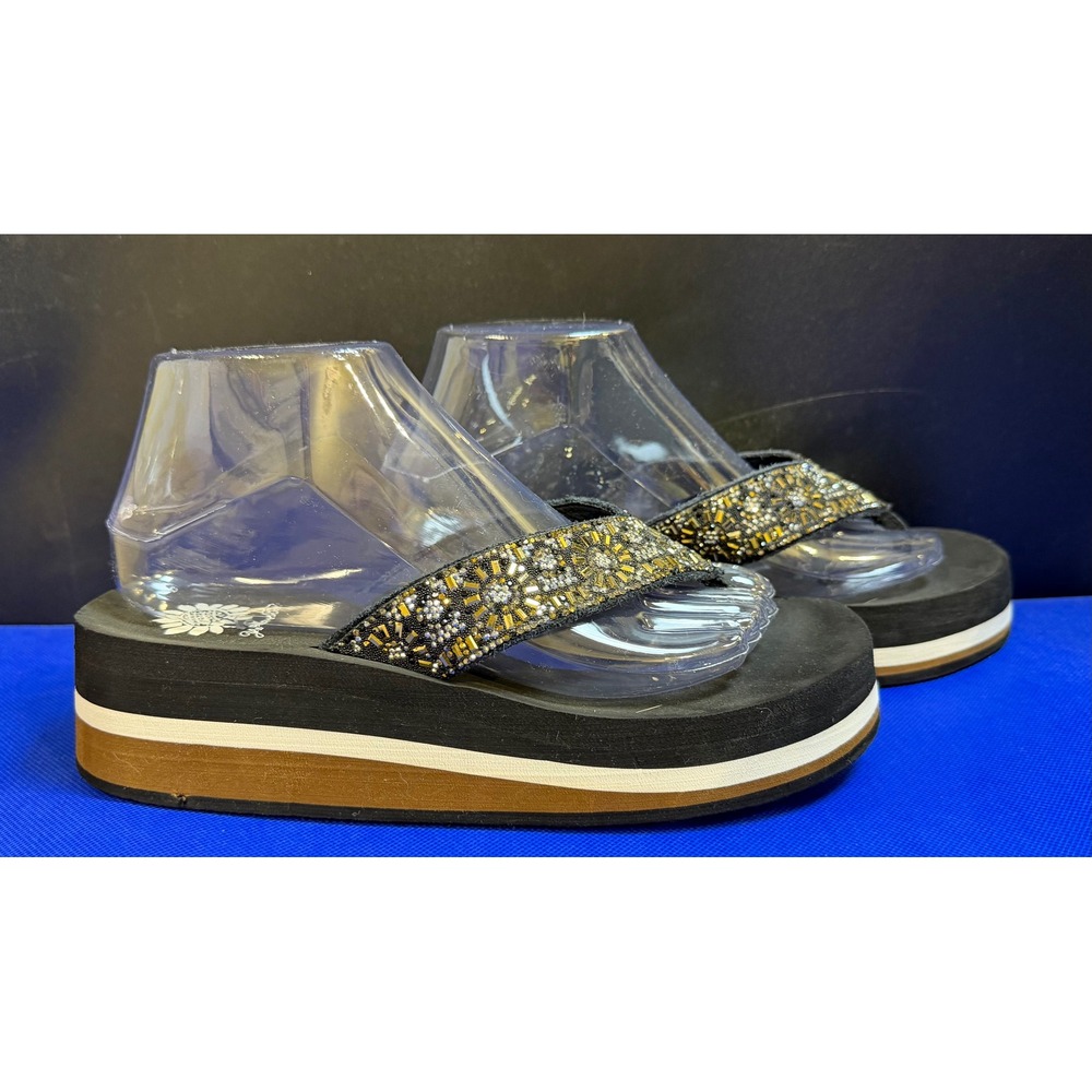 Yellow Box Kania Womens Black Beaded Platform Flip Flops Sandals Gold Silver 7.5 - Picture 2 of 8